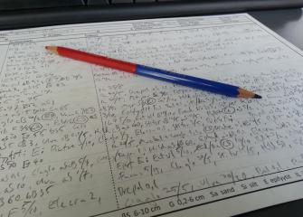 A field data form full of hand-written notes, abbreviations and numbers.