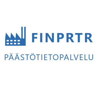 Kuvassa on PRTR päästötietopalvelun tunnus, jossa tehtaan piipuista tulee savua. Kuvan vieressä on lyhenne FINPRTR. Ja niiden alla lukee päästötietopalvelu.