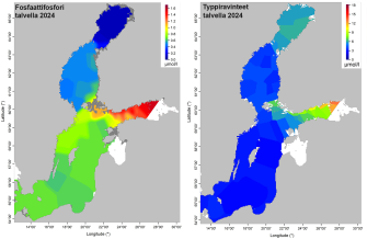 Kartat kuvaavat fosfaattifosforin ja liuenneen typen määrää Itämerellä.