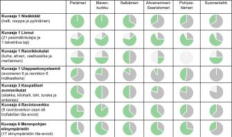 Piirakkakuvaajat näyttävät, että lintujen tilaa kuvaavista indikaattoreista suurin osa näytti hyvää tilaa kaikilla merialueilla. Perämerellä, Merenkurkussa ja Selkämerellä suurin osa nisäkkäiden, ravintoverkon ja merenpohjan elinympäristöjen tilan indikaattoreista oli hyvässä tilassa kun taas kalojen tila oli heikempi. Ahvenanmeri-Saaristomerellä, Pohjois-Itämerellä ja Suomenlahdella sekä nisäkkäiden että kaupallisten kalojen indikaattoreista suurin osa oli heikossa tilassa. 