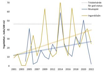 Två stigande linjer som visar att havsöringens yngeltäthet har ökat i två olika åar. Innehållet förklaras i figurtexten.