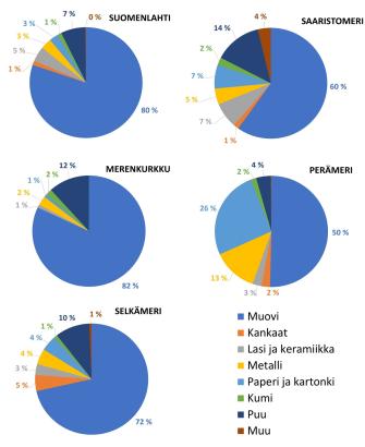 Palloja, joissa on väreillä kuvattu eri rantaroskien osuus merialueilla. Sisältö on selitetty tekstissä.