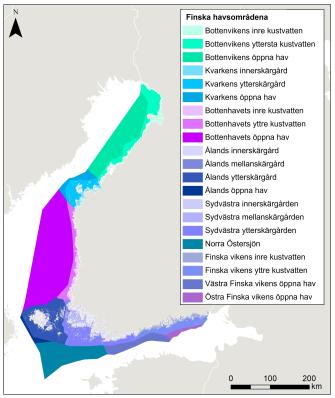 Storleken på bedömningsområdena för utvärdering av miljöstatus i havet varierar. Vid kusten är områdena vattenförvaltningens kustvattentyper och i öppna havet används HELCOM-bassänger. Ålands kustvatten har bedömts av Ålands landskapsregering och inkluderats i denna statusbedömning.