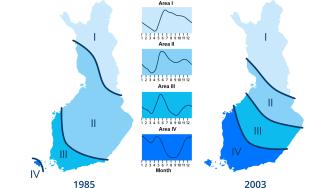 Map images of groundwater level variation zones in the years 1985 and 2003.