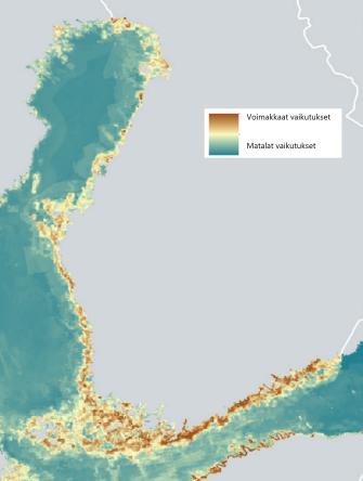 Itämeren kartta, jossa lähellä rantaviivaa nähdään punaista väriä kuvaten eri paineiden voimakkaita yhteisvaikutuksia. Kauempana rannasta väri vaihettuu keltaisen kautta turkoosiksi, kun yhteisvaikutusten voimakkuus pienenee.