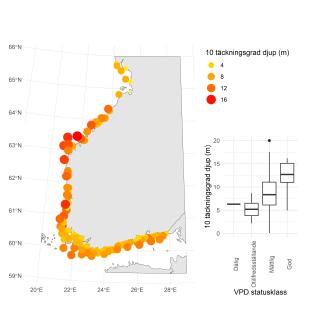 Kartbild som visar variationen av makroalgernas djuptillväxt i Finlands kustområden.