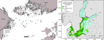 kartta näyttää pyöriäiselle tärkeiden alueiden levinneisyyden Itämerellä HELCOMin HOLAS3-arvion mukaan. Pohjois-Itämerellä on kohtalaisen tärkeä alue, jolla tavataan pyöriäisiä Suomen merialueella.