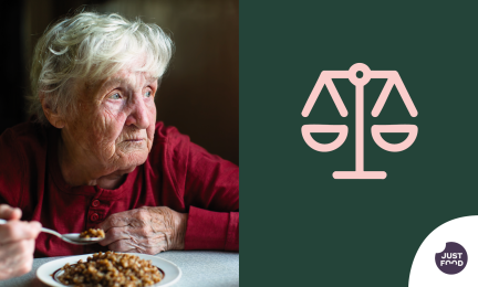 Vanhus ja symboli, jossa näkyy vaaka.