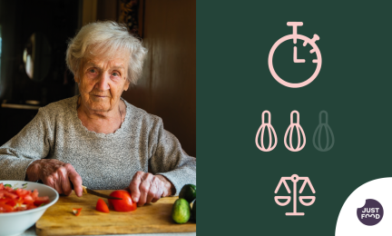 Vanhempi nainen laittaa ruokaa.