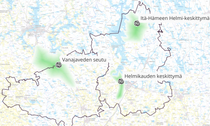 Karttakuva Hämeen kolmesta Helmi-keskittymästä. 