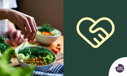 Värikästä kasvisruokaa ja symboli, jossa näkyy sydän ja kättelevät kädet.