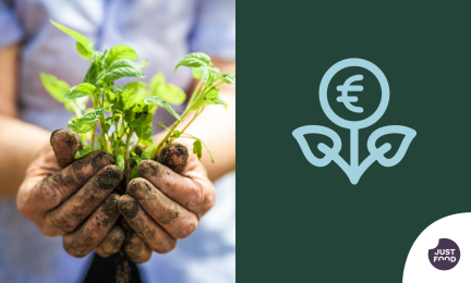 Kädet mullassa ja symboli, jossa näkyy euro ja kasvi.