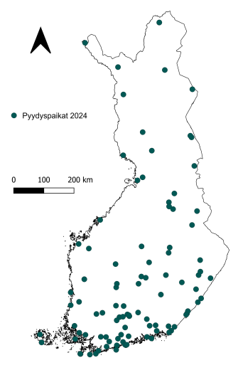 Kartta yöperhosseurannan pyydyspaikoista vuodelta 2024.